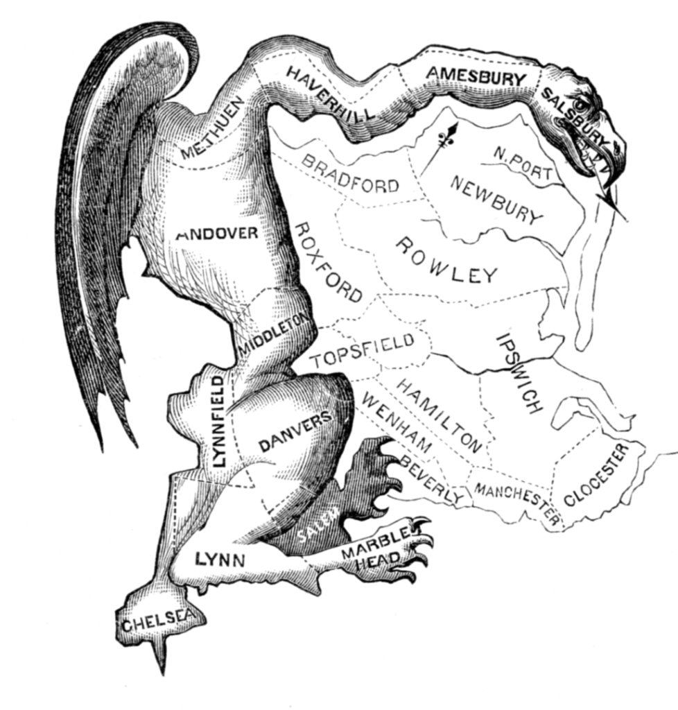 The caricature satirizes the bizarre shape of a district in Essex County, Massachusetts, as a dragon-like "monster."