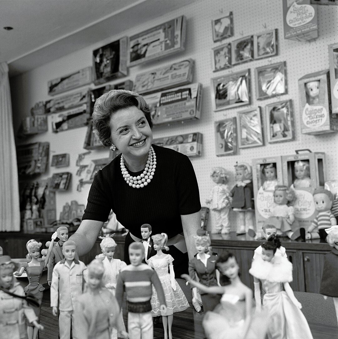 Barbie creator Ruth Handler with an assortment of Barbie and Mattel products