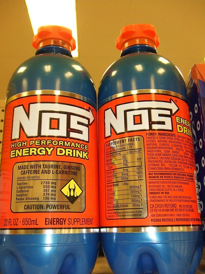 Front and back of NOS energy drink bottles