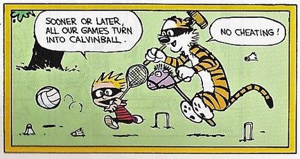 Calvin and Hobbes playing Calvinball with an assortment of sporting equipment