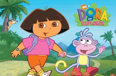 Swiper (in background), Dora, and Boots