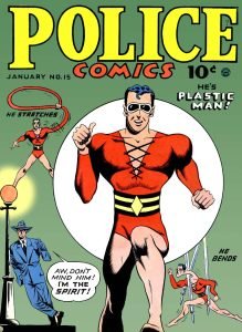 Plastic Man and The Spirit on the cover of Police Comics, volume 1, number 15, January 1943